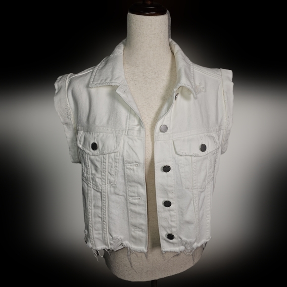 Liverpool White Denim Sleeveless Distressed, Ripped, Raw Hem Silver Hdwr, Vest - Picture 1 of 11